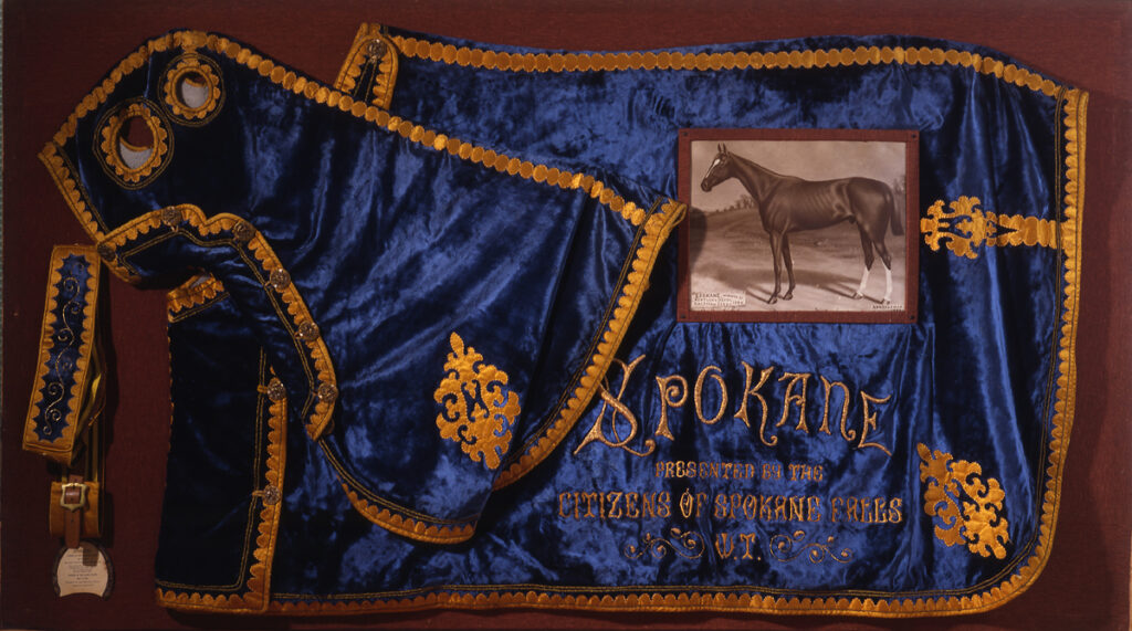 A blue and gold blanket with a picture of a horse.